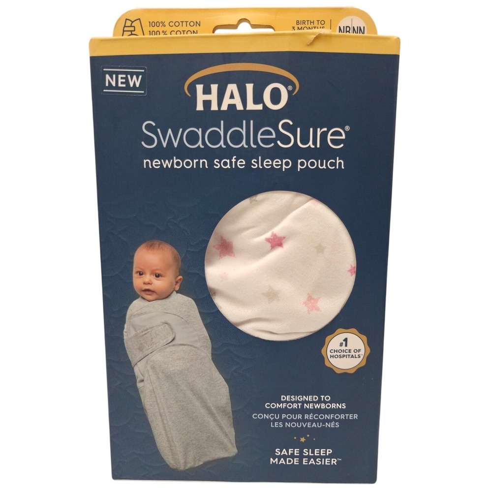 HALO SwaddleSure Newborn Safe Sleep Pouch 100% Cotton Pink Star 0-3 Months